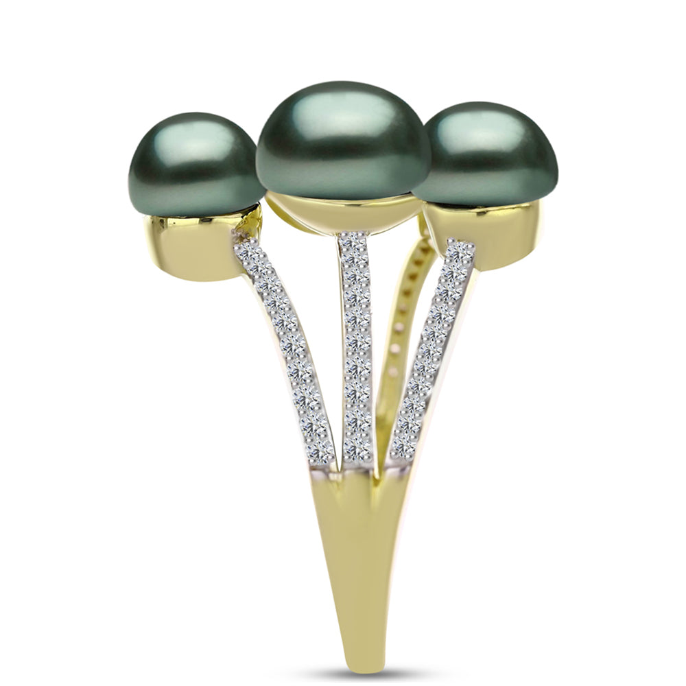 Inel din Argint 925 Placat cu Aur ( 4.91 grame ) cu Perlă De apă Dulce cu Efect "Verde Tahitian" și Topaz Alb 8.9 Carate 4 