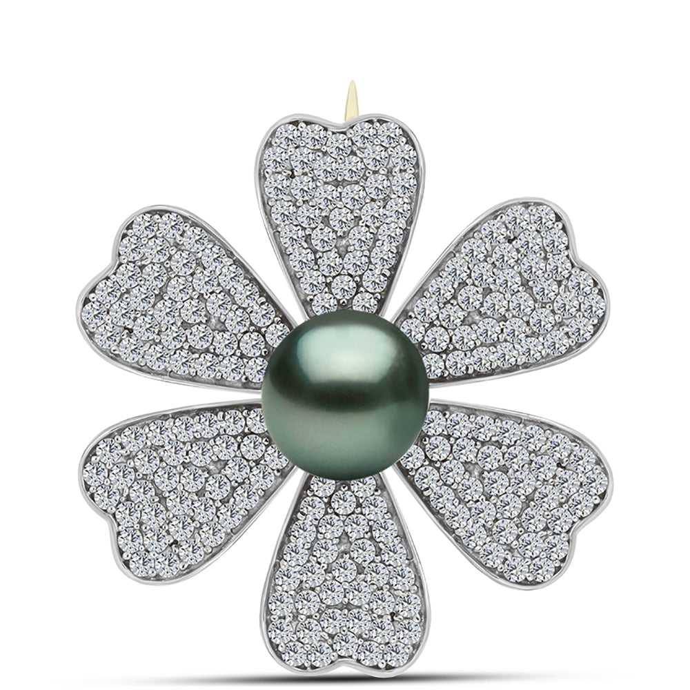Broşă din Argint 925 Placat cu Aur ( 5.85 grame ) cu Perlă De apă Dulce cu Efect "Verde Tahitian" și Topaz Alb 4.02 Carate 1 