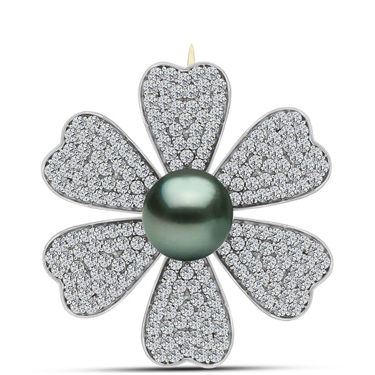 Broşă din Argint 925 Placat cu Aur ( 5.85 grame ) cu Perlă De apă Dulce cu Efect "Verde Tahitian" și Topaz Alb 4.02 Carate