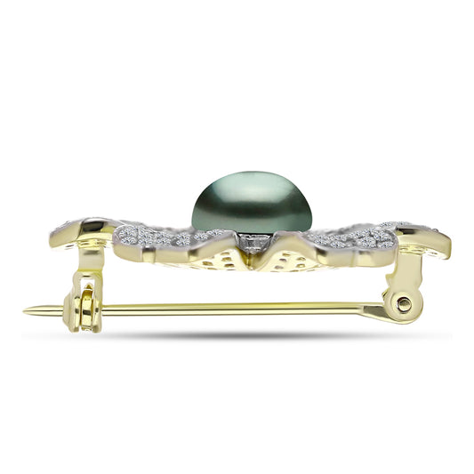 Broşă din Argint 925 Placat cu Aur ( 5.85 grame ) cu Perlă De apă Dulce cu Efect "Verde Tahitian" și Topaz Alb 4.02 Carate