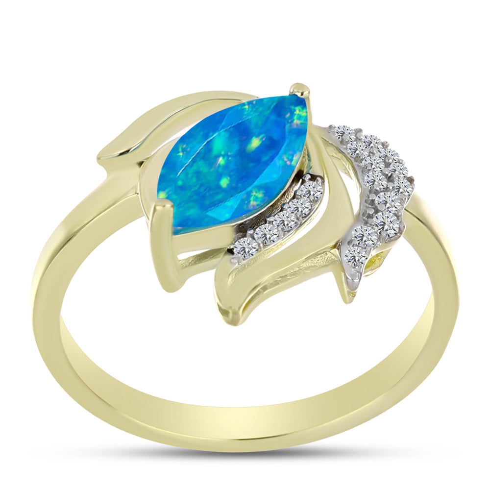 Inel din Argint 925 Placat cu Aur ( 2.54 grame ) cu Opal Albastru Etiopian Paraiba și Topaz Alb 0.75 Carate