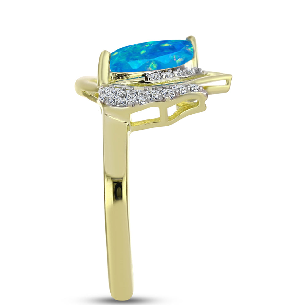 Inel din Argint 925 Placat cu Aur ( 2.54 grame ) cu Opal Albastru Etiopian Paraiba și Topaz Alb 0.75 Carate