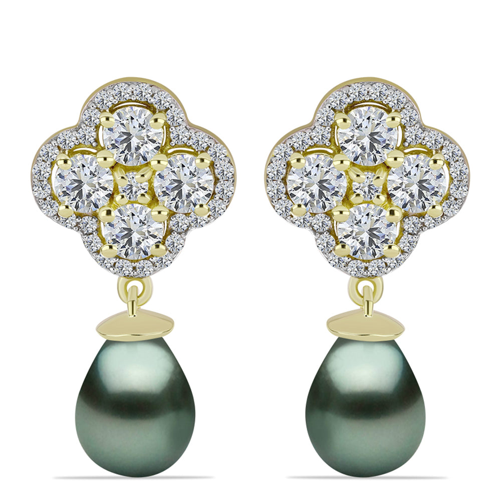 Cercei din Argint 925 Placat cu Aur ( 4.44 grame ) cu Perlă De apă Dulce cu Efect "Verde Tahitian" și Topaz Alb 13.1 Carate 1 