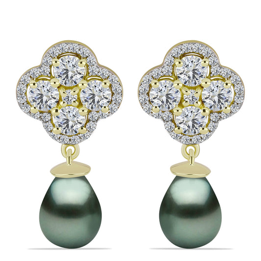 Cercei din Argint 925 Placat cu Aur ( 4.44 grame ) cu Perlă De apă Dulce cu Efect "Verde Tahitian" și Topaz Alb 13.1 Carate