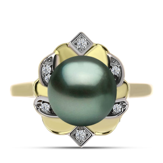 Inel din Argint 925 Placat cu Aur ( 4 grame ) cu Perlă De apă Dulce cu Efect "Verde Tahitian" și Topaz Alb 3.92 Carate