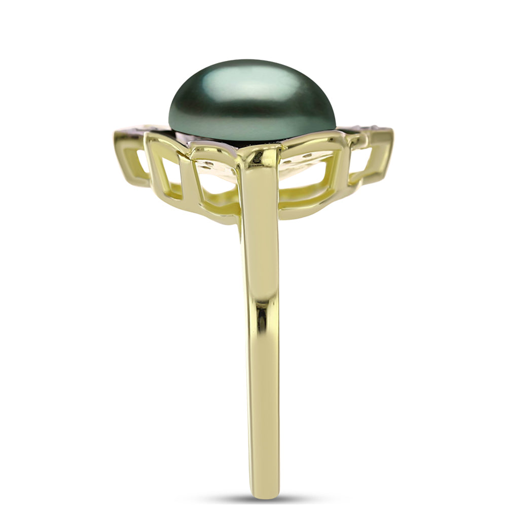 Inel din Argint 925 Placat cu Aur ( 4 grame ) cu Perlă De apă Dulce cu Efect "Verde Tahitian" și Topaz Alb 3.92 Carate 4 