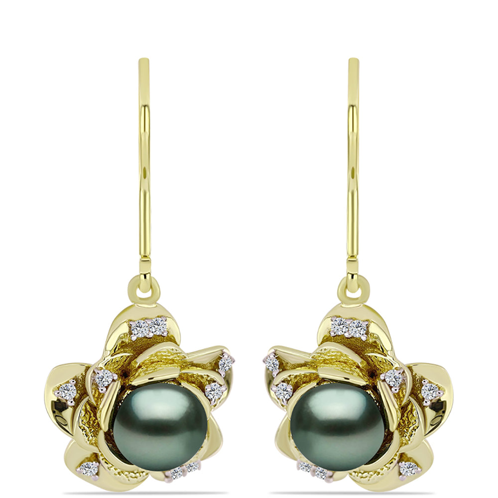Cercei din Argint 925 Placat cu Aur ( 6.1 grame ) cu Perlă De apă Dulce cu Efect "Verde Tahitian" și Topaz Alb 2.6 Carate 1 