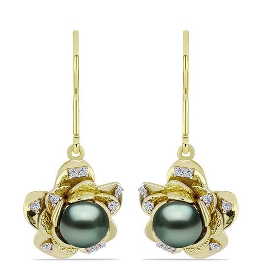Cercei din Argint 925 Placat cu Aur ( 6.1 grame ) cu Perlă De apă Dulce cu Efect "Verde Tahitian" și Topaz Alb 2.6 Carate
