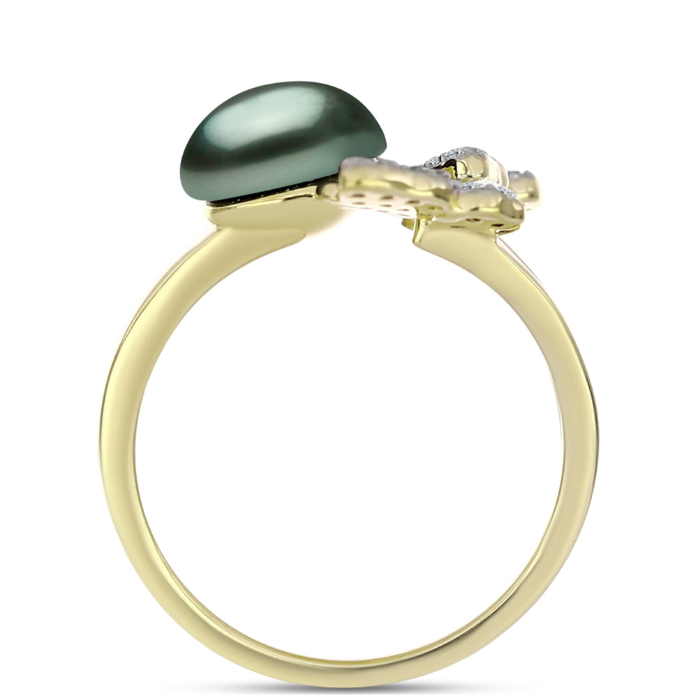 Inel din Argint 925 Placat cu Aur ( 3.31 grame ) cu Perlă De apă Dulce cu Efect "Verde Tahitian" și Topaz Alb 2.57 Carate 2 