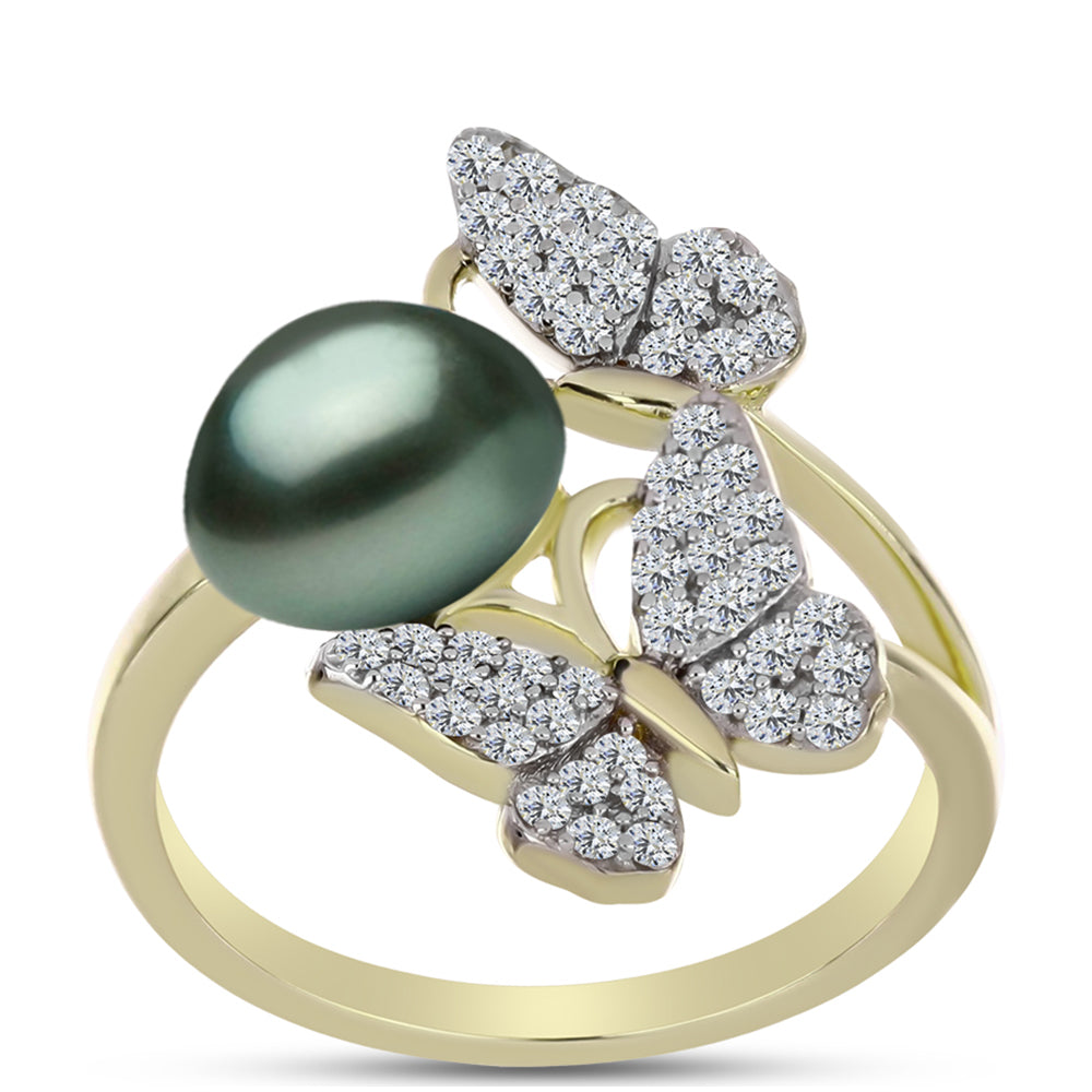 Inel din Argint 925 Placat cu Aur ( 3.31 grame ) cu Perlă De apă Dulce cu Efect "Verde Tahitian" și Topaz Alb 2.57 Carate