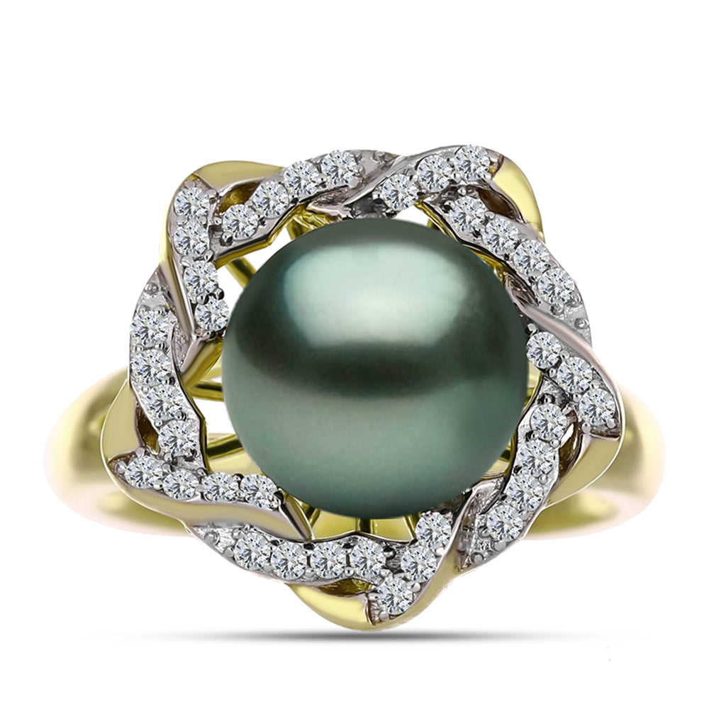 Inel din Argint 925 Placat cu Aur ( 4.54 grame ) cu Perlă De apă Dulce cu Efect "Verde Tahitian" și Topaz Alb 4.21 Carate 1 