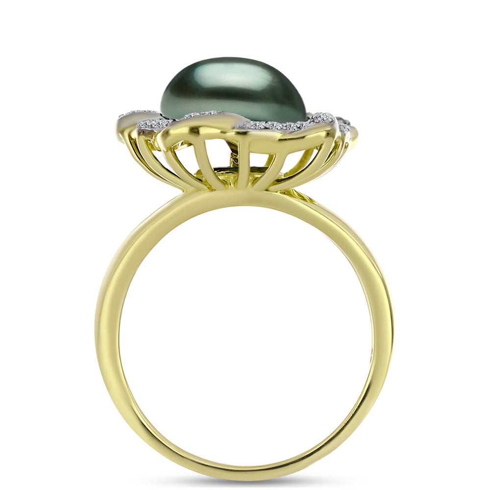 Inel din Argint 925 Placat cu Aur ( 4.54 grame ) cu Perlă De apă Dulce cu Efect "Verde Tahitian" și Topaz Alb 4.21 Carate