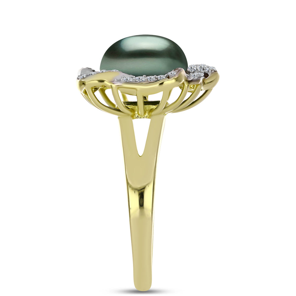 Inel din Argint 925 Placat cu Aur ( 4.54 grame ) cu Perlă De apă Dulce cu Efect "Verde Tahitian" și Topaz Alb 4.21 Carate 4 