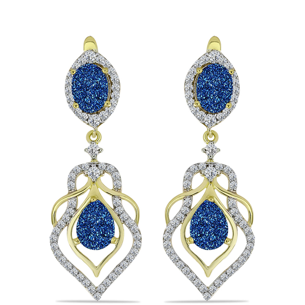 Cercei din Argint 925 Placat cu Aur ( 6.02 grame ) cu Albastru Drusy și Topaz Alb 6.41 Carate 1 