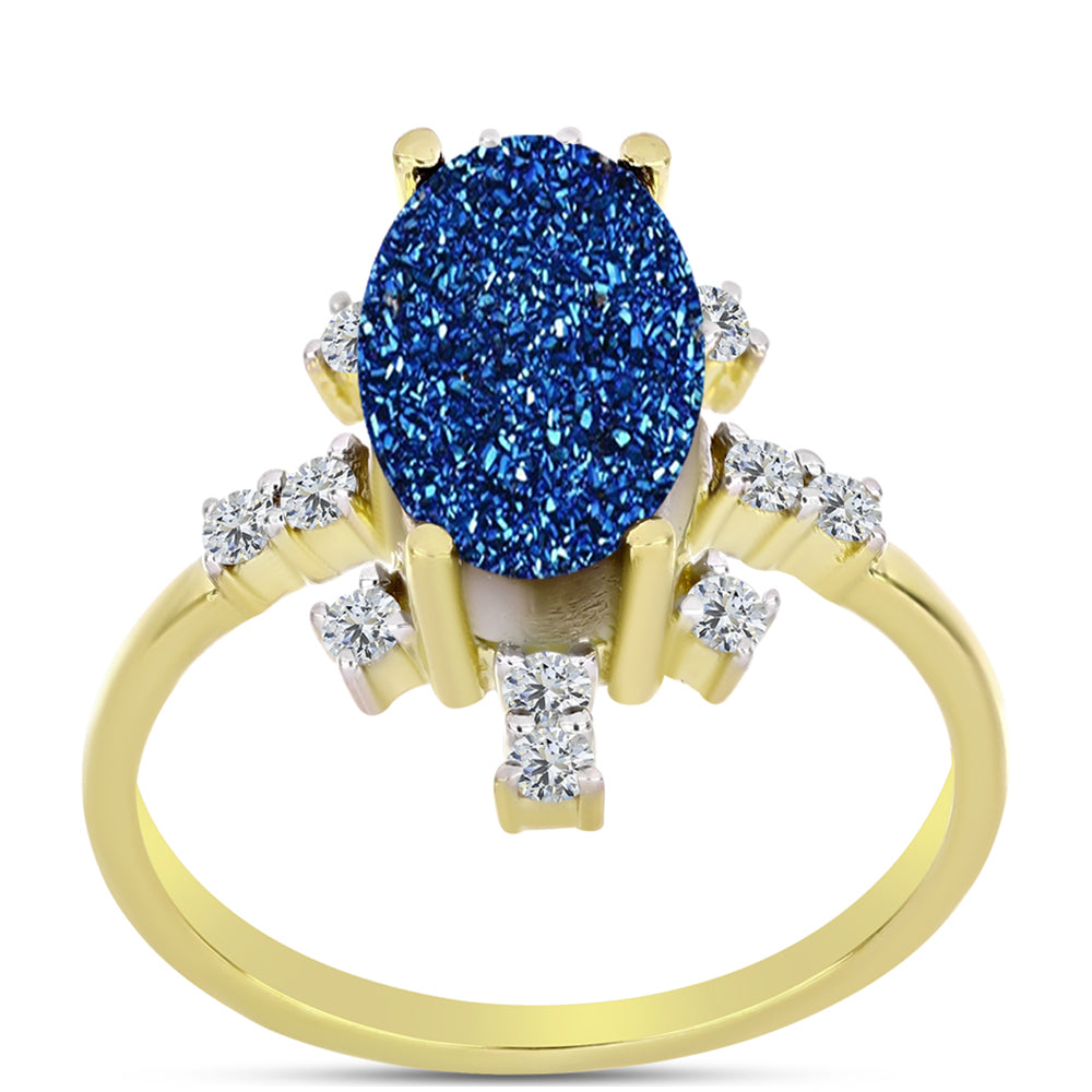 Inel din Argint 925 Placat cu Aur ( 3.26 grame ) cu Albastru Drusy și Topaz Alb 4.62 Carate 2 