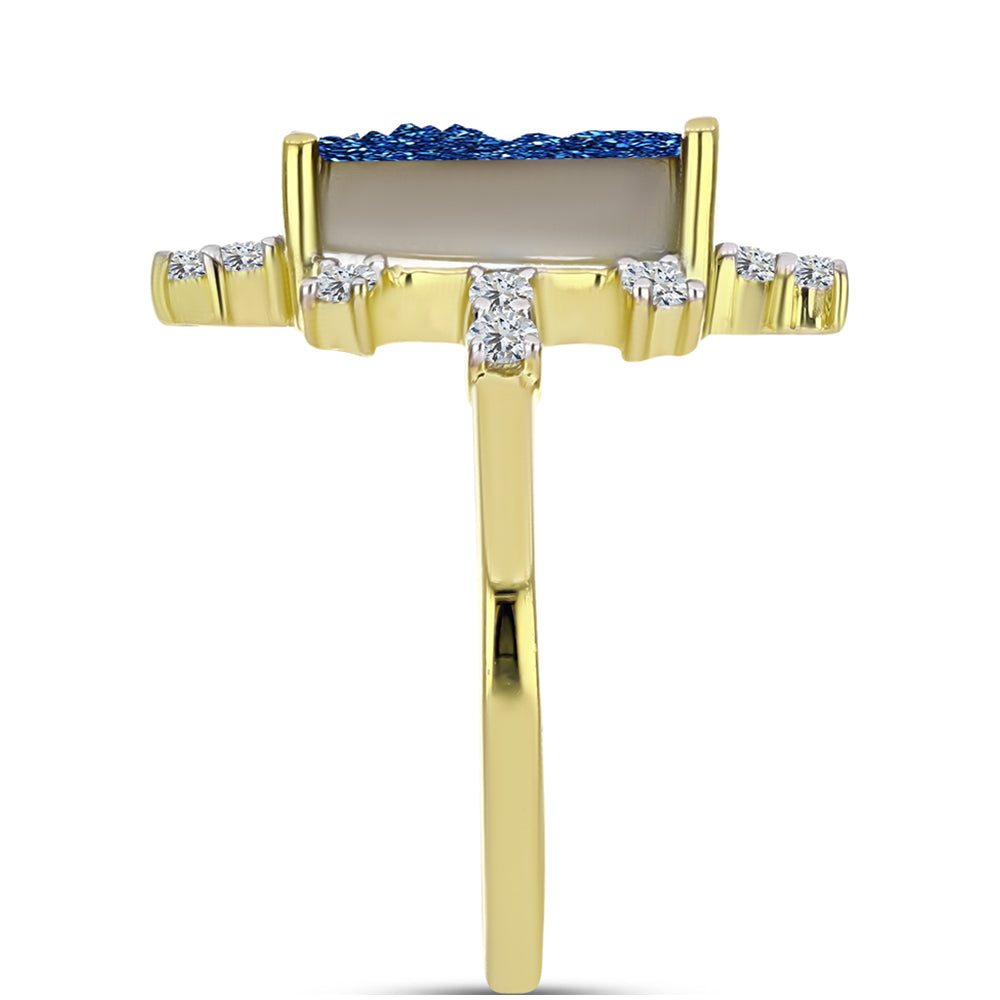 Inel din Argint 925 Placat cu Aur ( 3.26 grame ) cu Albastru Drusy și Topaz Alb 4.62 Carate 3 