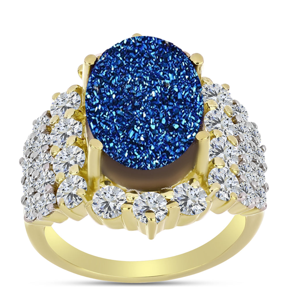 Inel din Argint 925 Placat cu Aur ( 4.84 grame ) cu Albastru Drusy și Topaz Alb 8.62 Carate