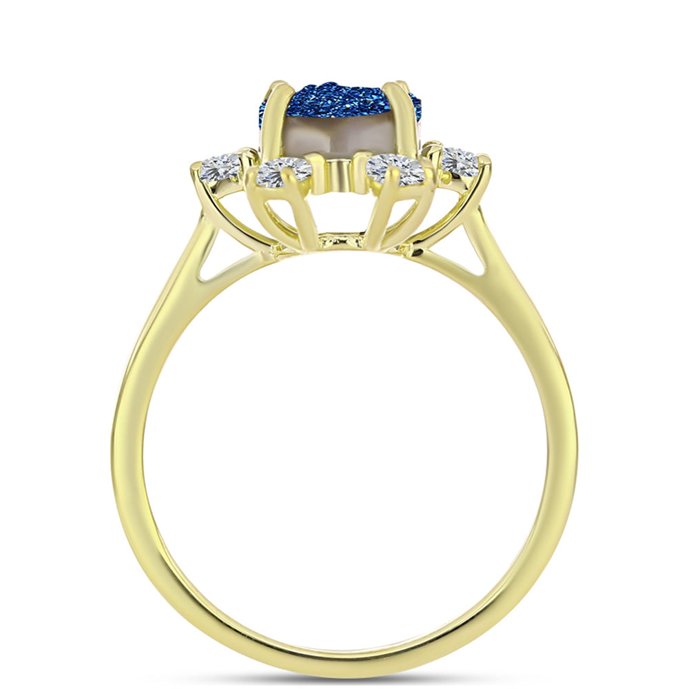 Inel din Argint 925 Placat cu Aur ( 3.13 grame ) cu Albastru Drusy și Topaz Alb 2.9 Carate 2 
