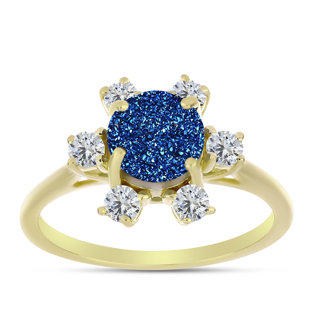 Inel din Argint 925 Placat cu Aur ( 3.13 grame ) cu Albastru Drusy și Topaz Alb 2.9 Carate