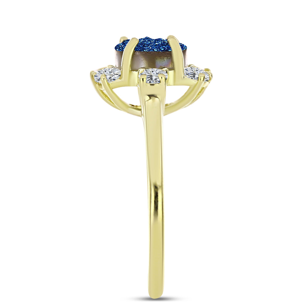 Inel din Argint 925 Placat cu Aur ( 3.13 grame ) cu Albastru Drusy și Topaz Alb 2.9 Carate 4 