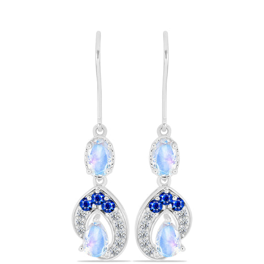 Cercei din Argint 925 ( 2.86 grame ) cu Safir Albastru Australian și Piatra Lunii Curcubeu 2.33 Carate