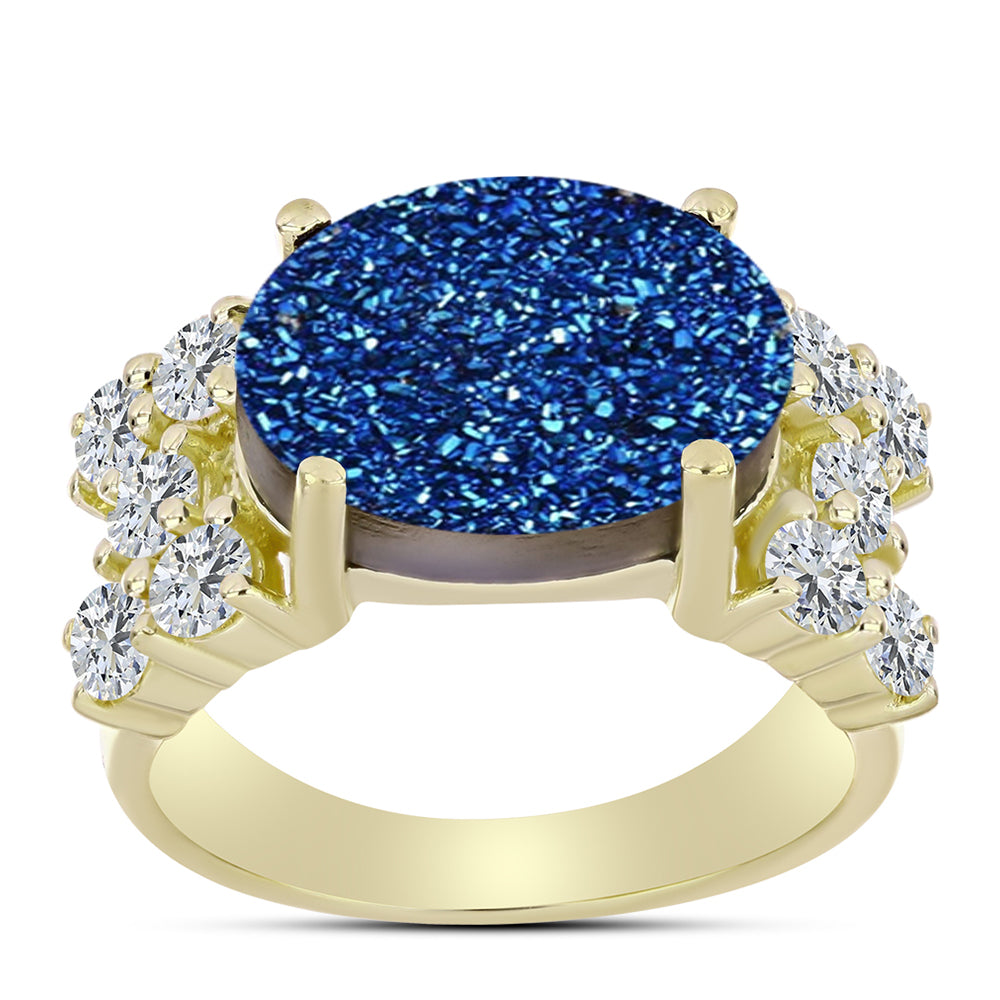 Inel din Argint 925 Placat cu Aur ( 4.37 grame ) cu Albastru Drusy și Topaz Alb 7.33 Carate