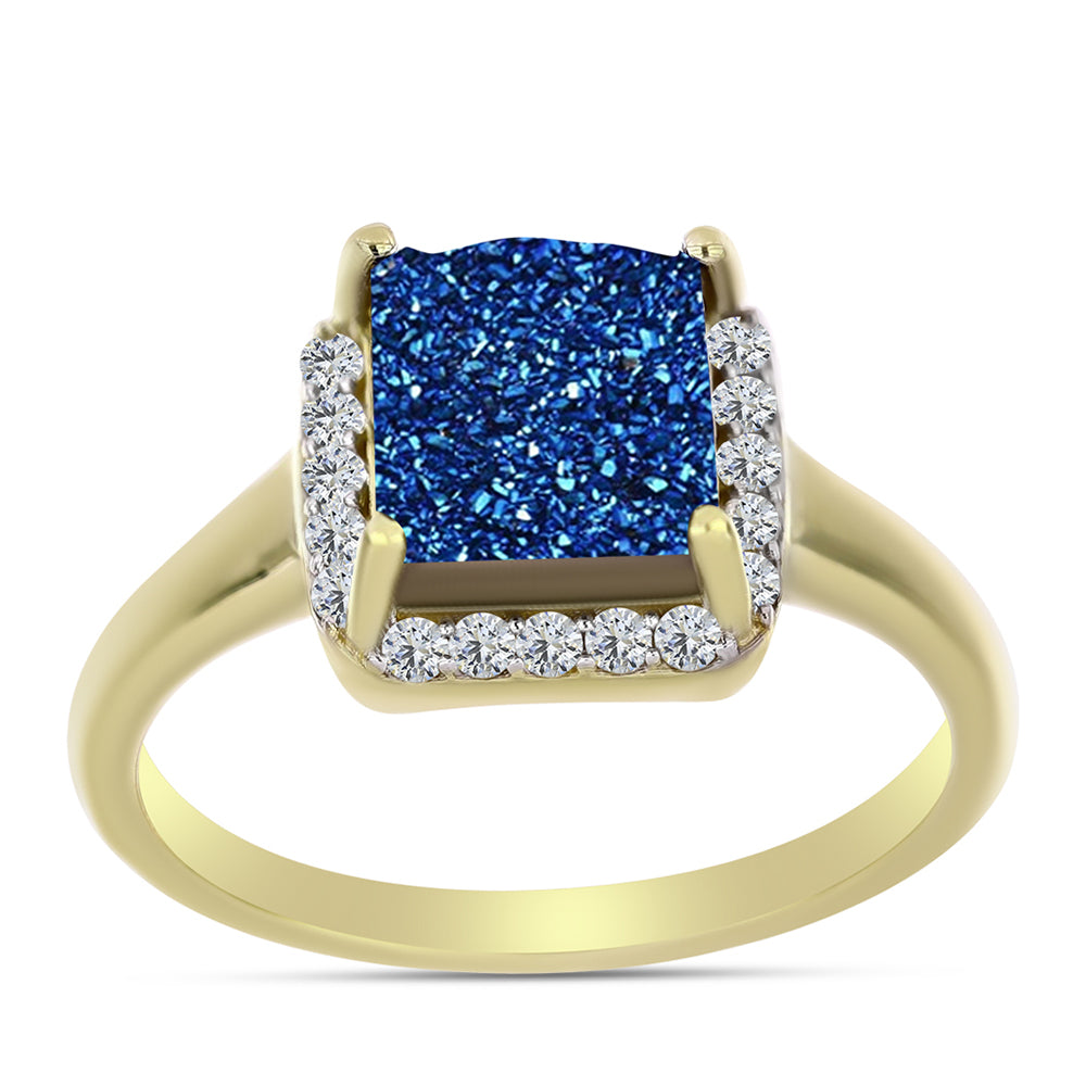 Inel din Argint 925 Placat cu Aur ( 3.64 grame ) cu Albastru Drusy și Topaz Alb 3.03 Carate 3 