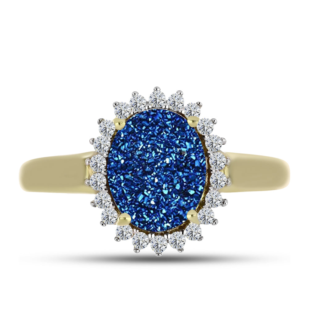 Inel din Argint 925 Placat cu Aur ( 2.59 grame ) cu Albastru Drusy și Topaz Alb 2.93 Carate 1 