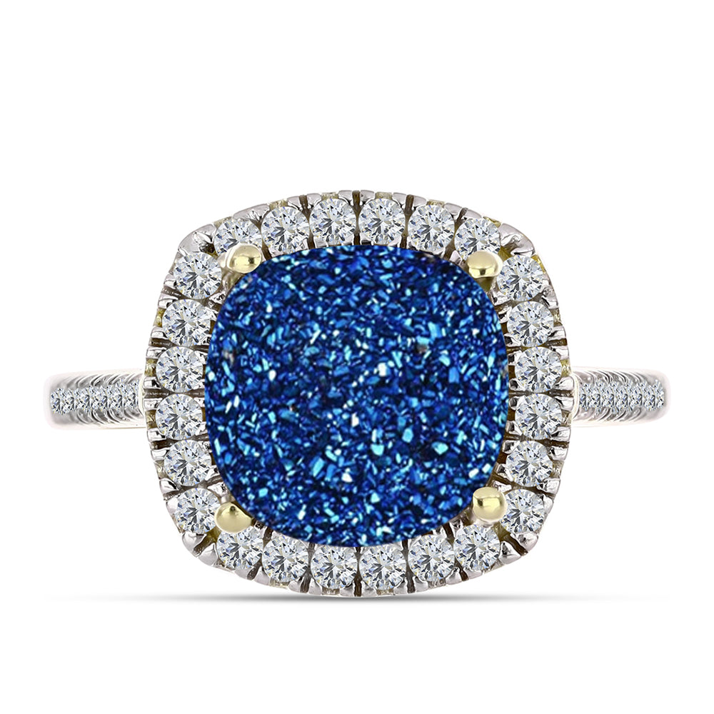 Inel din Argint 925 Placat cu Aur ( 3.93 grame ) cu Albastru Drusy și Topaz Alb 5.08 Carate