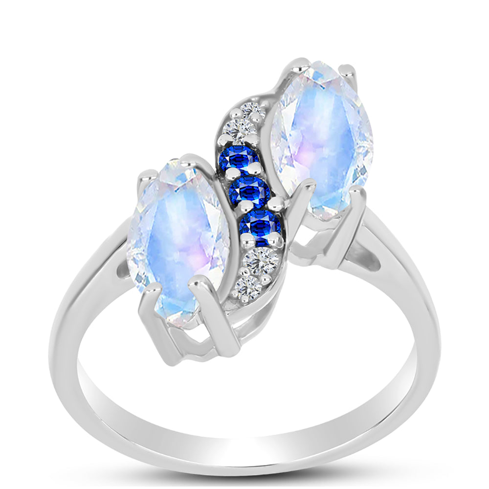 Inel din Argint 925 ( 3.11 grame ) cu Safir Albastru Australian și Piatra Lunii Curcubeu 2.11 Carate