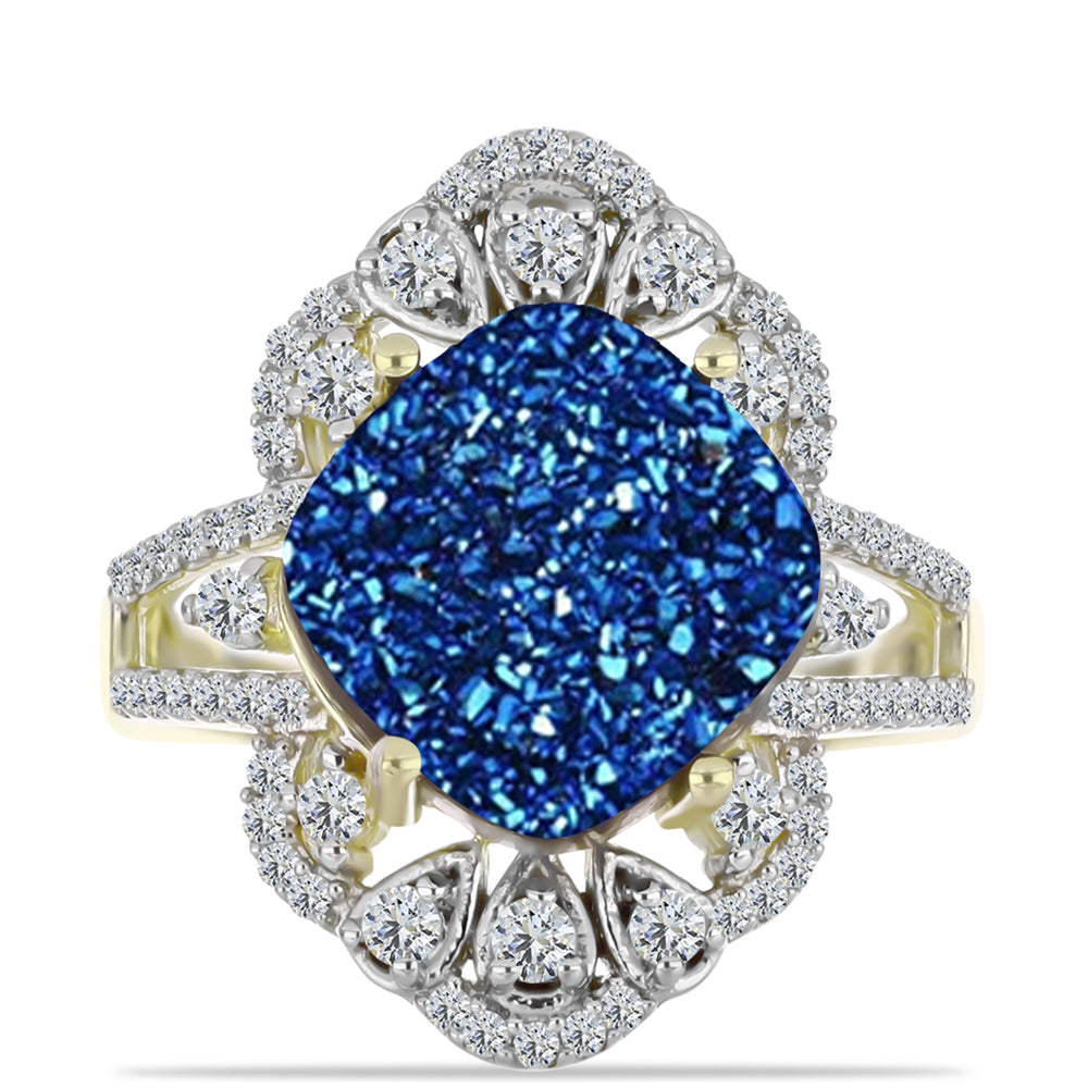Inel din Argint 925 Placat cu Aur ( 4.33 grame ) cu Albastru Drusy și Topaz Alb 7.62 Carate 1 