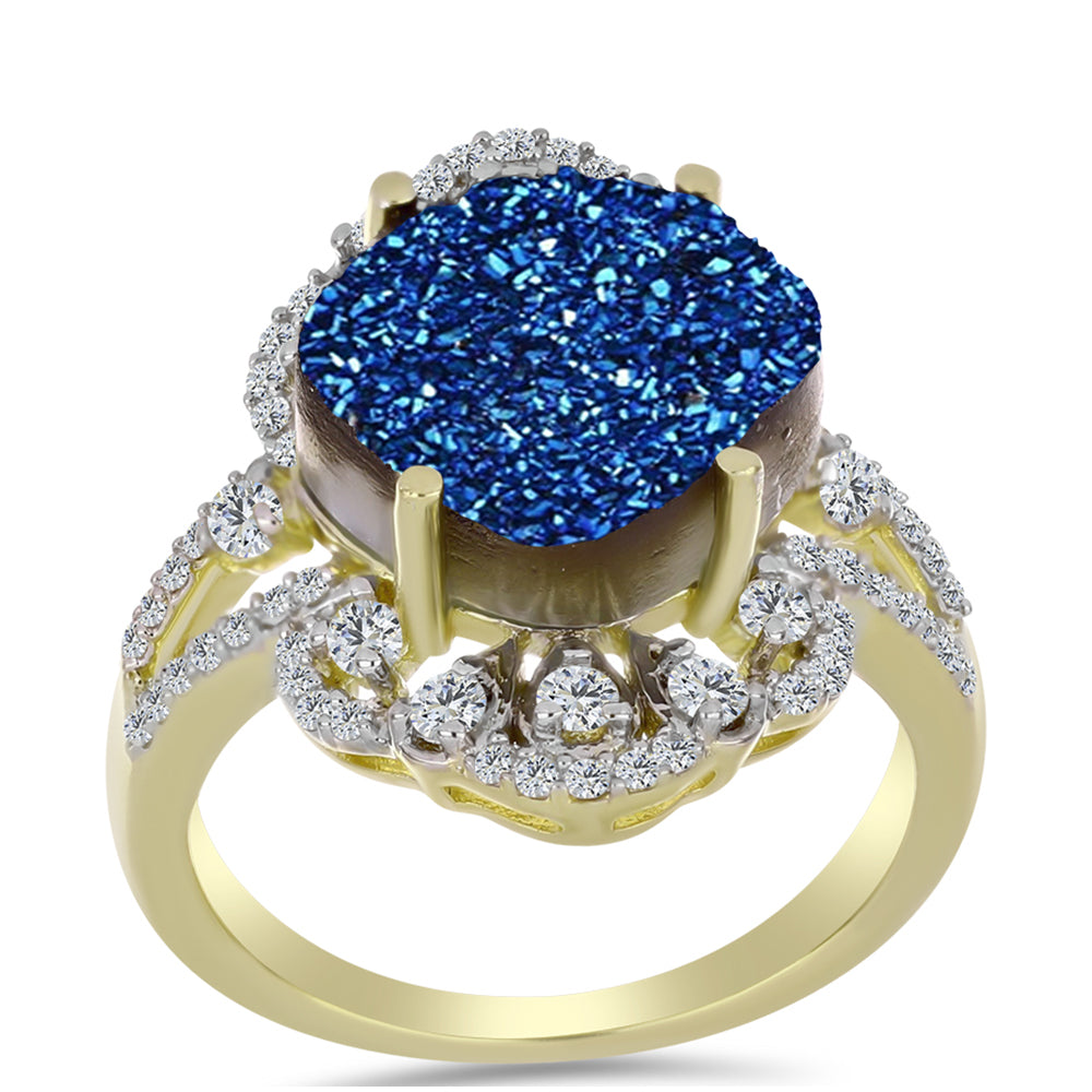 Inel din Argint 925 Placat cu Aur ( 4.33 grame ) cu Albastru Drusy și Topaz Alb 7.62 Carate