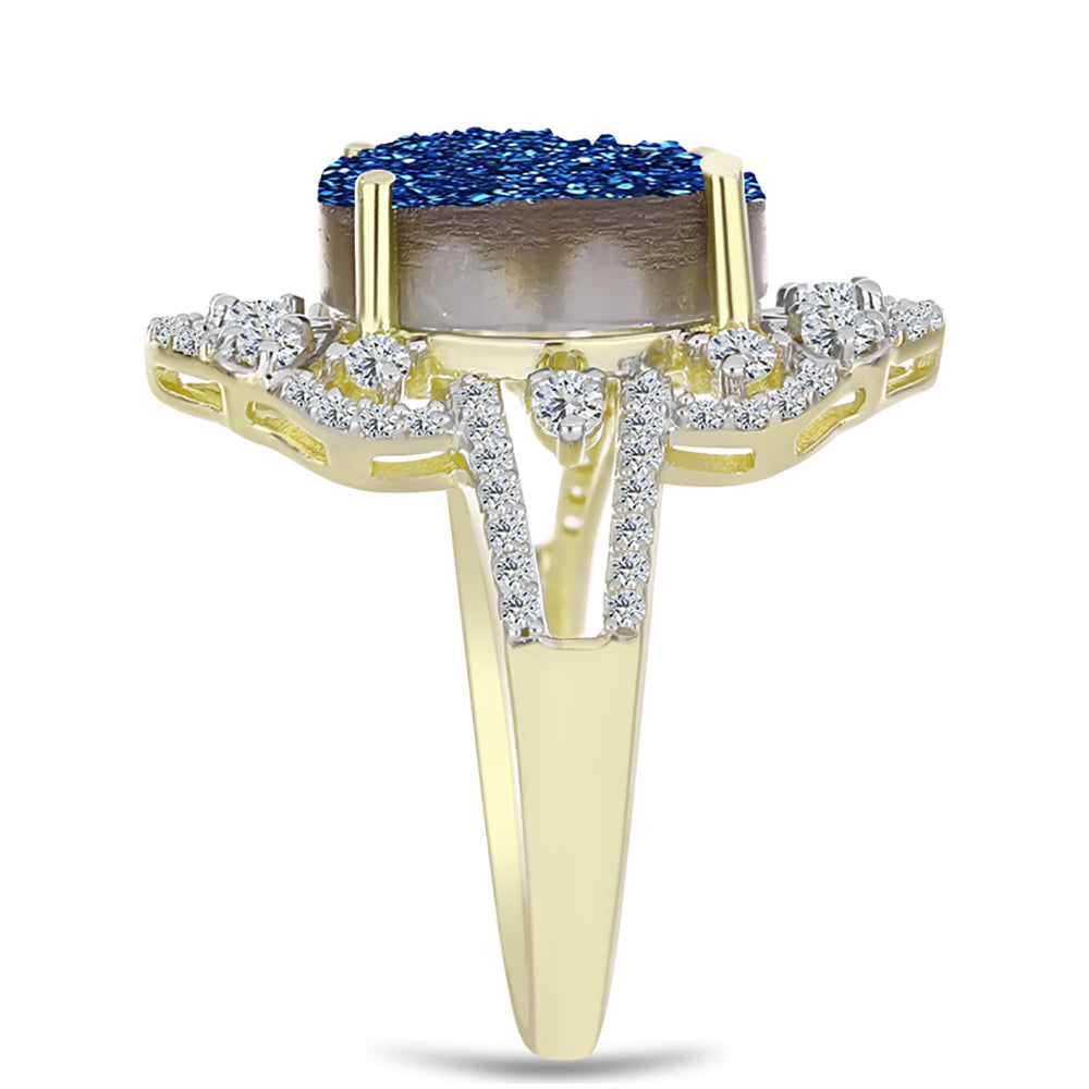 Inel din Argint 925 Placat cu Aur ( 4.33 grame ) cu Albastru Drusy și Topaz Alb 7.62 Carate 4 