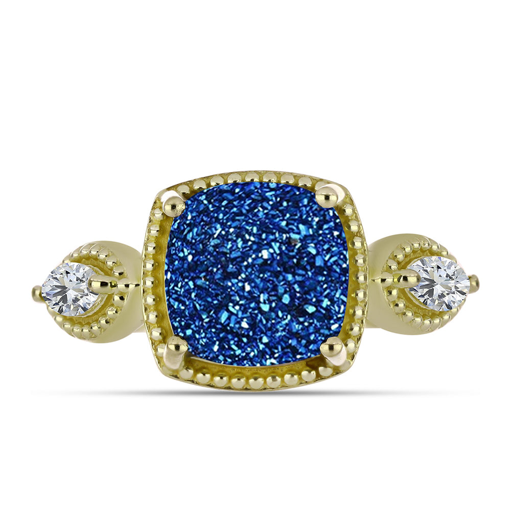 Inel din Argint 925 Placat cu Aur ( 4.37 grame ) cu Albastru Drusy și Topaz Alb 5.05 Carate