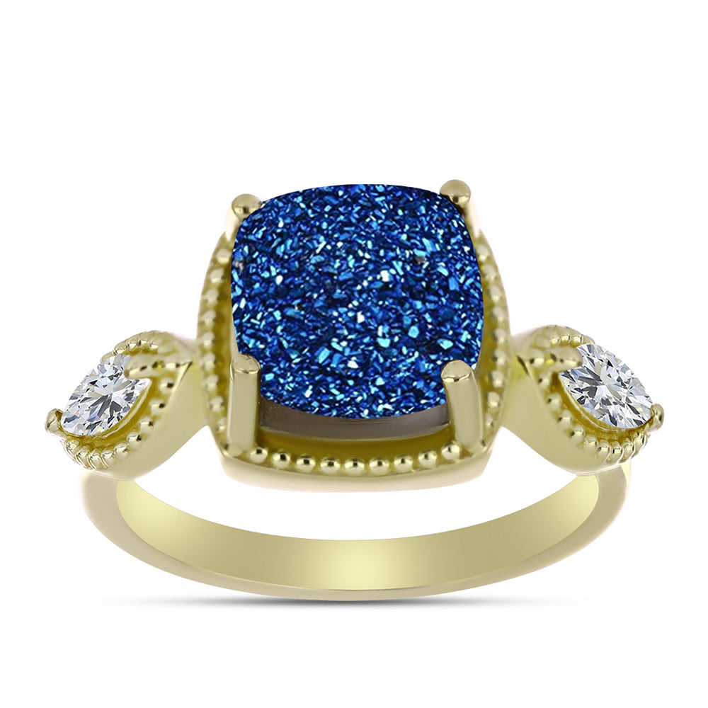 Inel din Argint 925 Placat cu Aur ( 4.37 grame ) cu Albastru Drusy și Topaz Alb 5.05 Carate