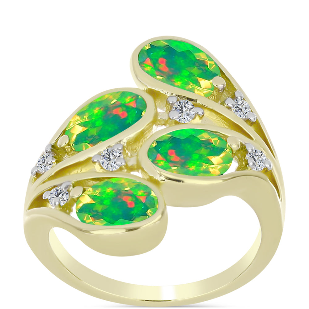 Inel din Argint 925 Placat cu Aur ( 5.74 grame ) cu Opal Verde Etiopian Lega Dembi și Topaz Alb 2.13 Carate