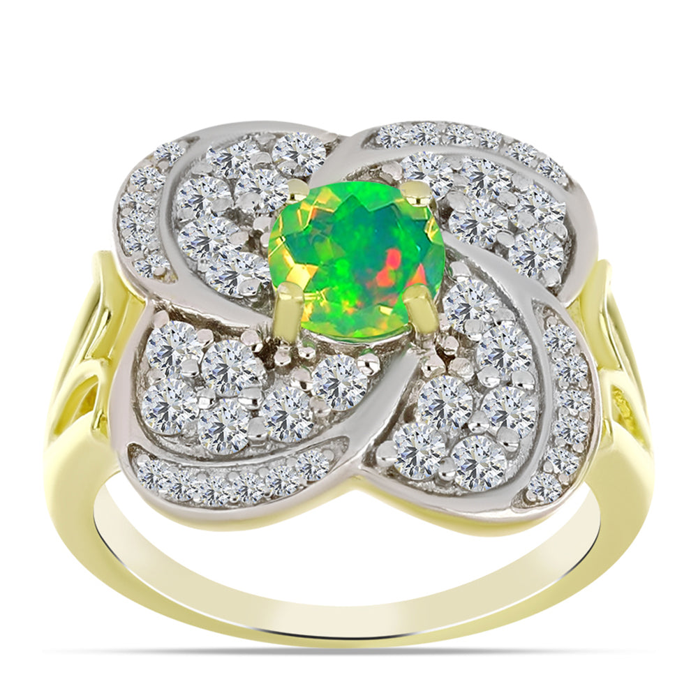 Inel din Argint 925 Placat cu Aur ( 4.69 grame ) cu Opal Verde Etiopian Lega Dembi și Topaz Alb 1.66 Carate