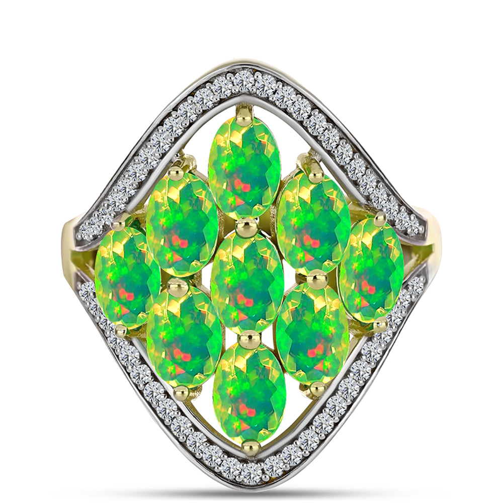 Inel din Argint 925 Placat cu Aur ( 4.25 grame ) cu Opal Verde Etiopian Lega Dembi și Topaz Alb 2.83 Carate