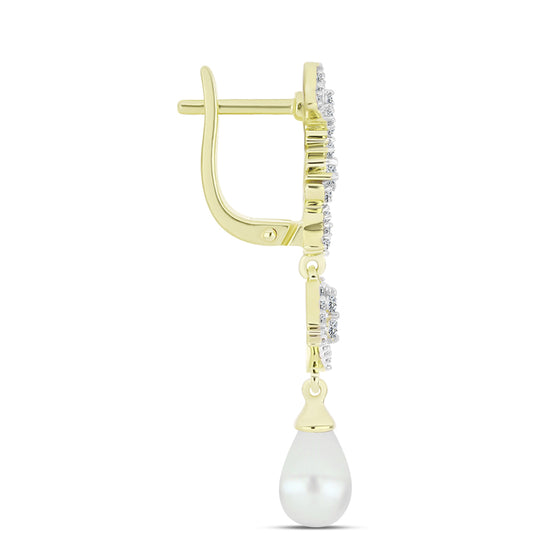 Cercei din Argint 925 Placat cu Aur ( 4.85 grame ) cu Perlă de Apă Dulce Albă și Topaz Alb 6.28 Carate