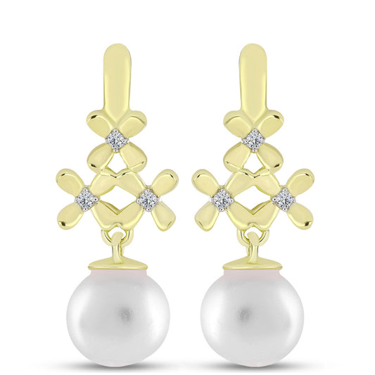 Cercei din Argint 925 Placat cu Aur ( 3.31 grame ) cu Perlă de Apă Dulce Albă și Topaz Alb 7.81 Carate