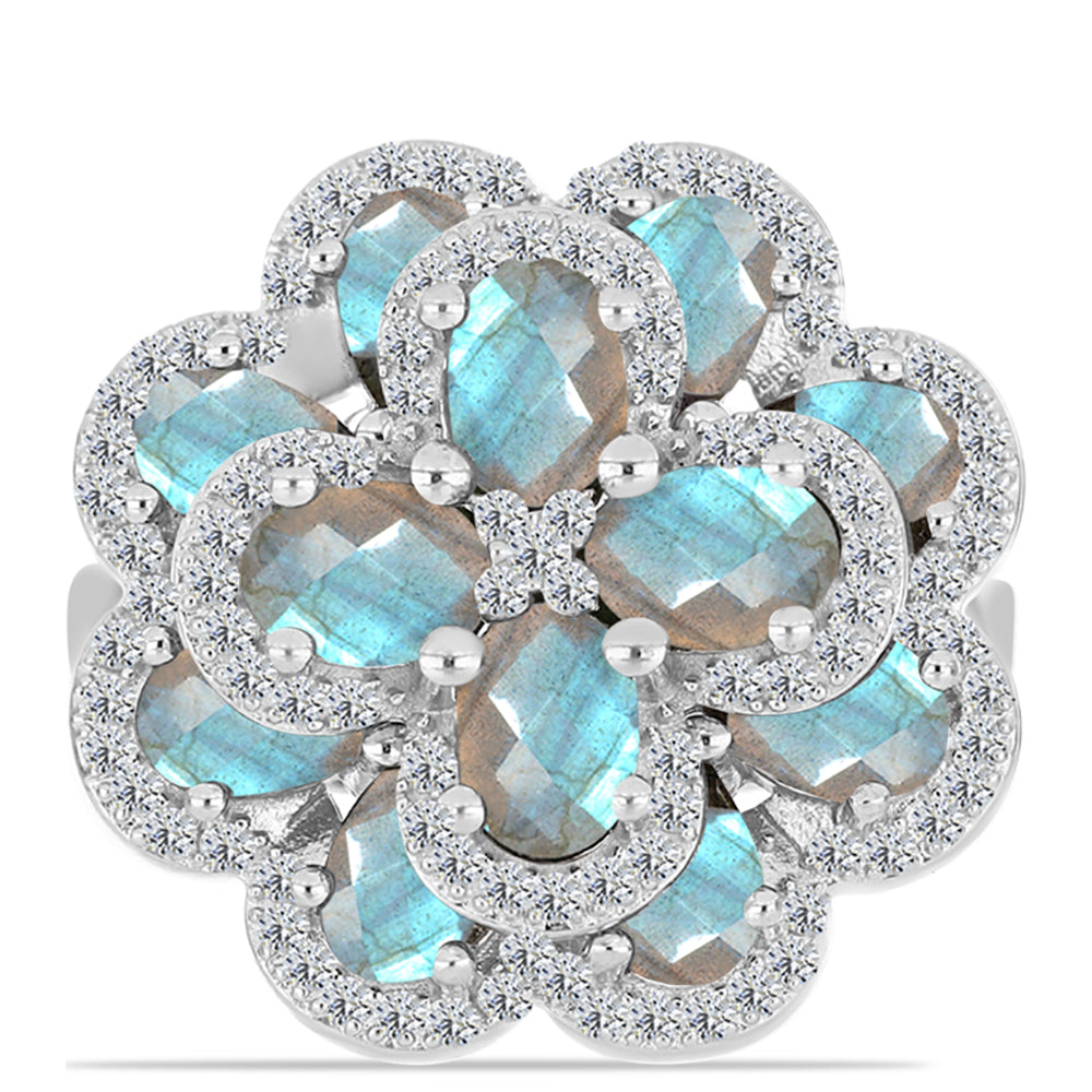 Inel din Argint 925 ( 7.39 grame ) cu Gullgruvene Labradorit și Topaz Alb 6.48 Carate