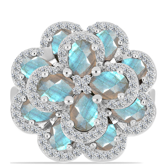 Inel din Argint 925 ( 7.39 grame ) cu Gullgruvene Labradorit și Topaz Alb 6.48 Carate