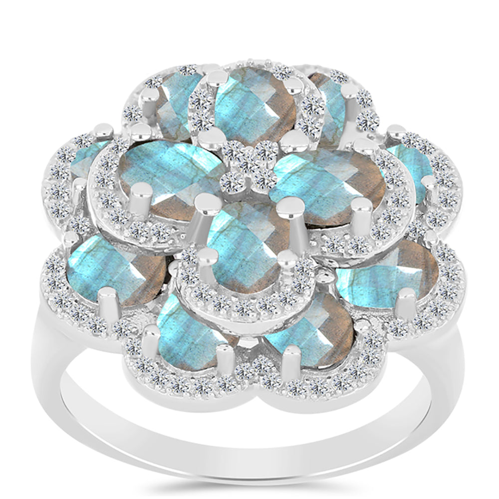 Inel din Argint 925 ( 7.39 grame ) cu Gullgruvene Labradorit și Topaz Alb 6.48 Carate