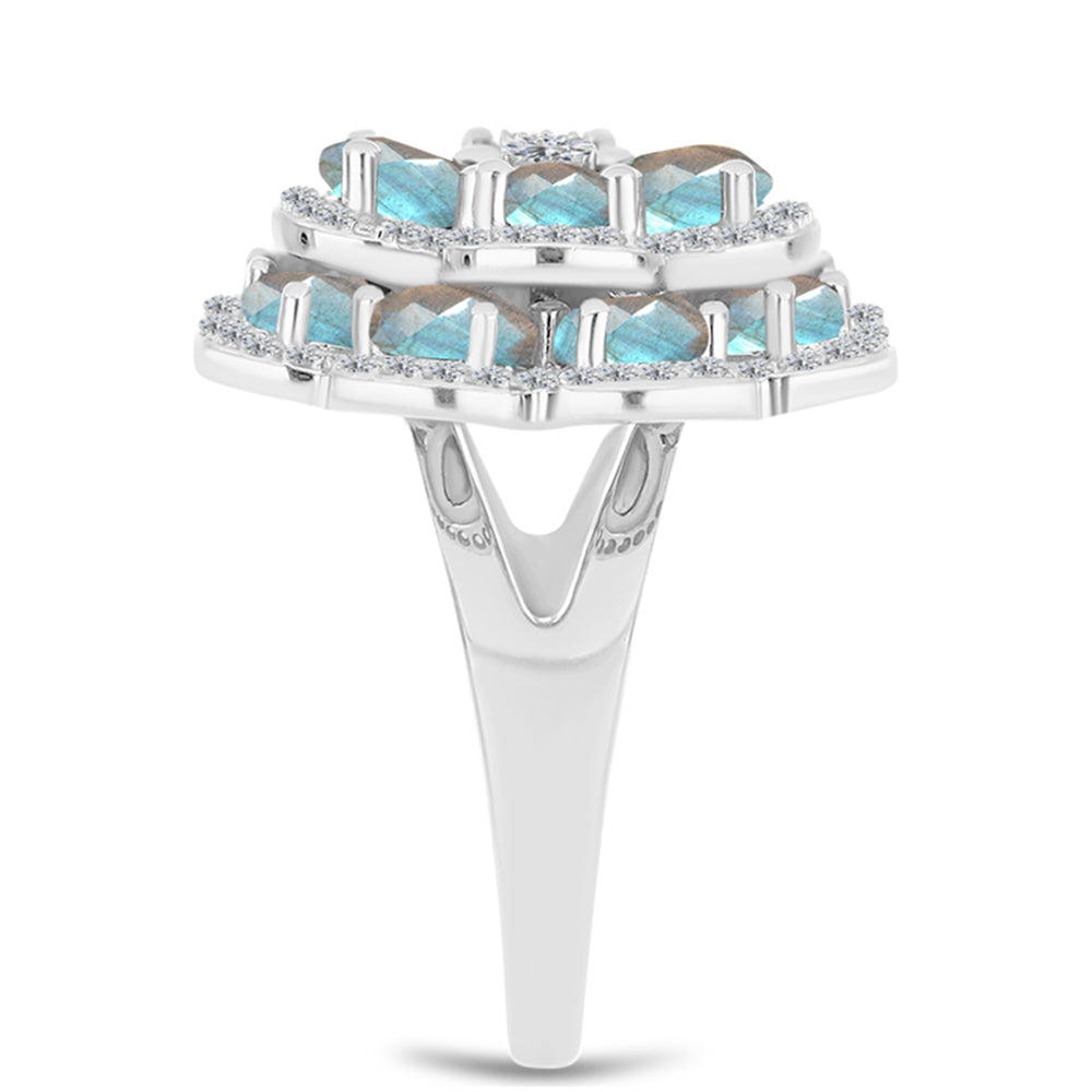 Inel din Argint 925 ( 7.39 grame ) cu Gullgruvene Labradorit și Topaz Alb 6.48 Carate