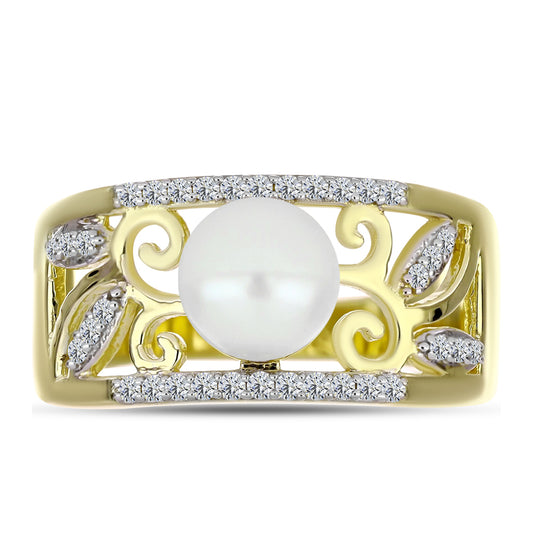 Inel din Argint 925 Placat cu Aur ( 6.11 grame ) cu Perlă de Apă Dulce Albă și Topaz Alb 3.35 Carate