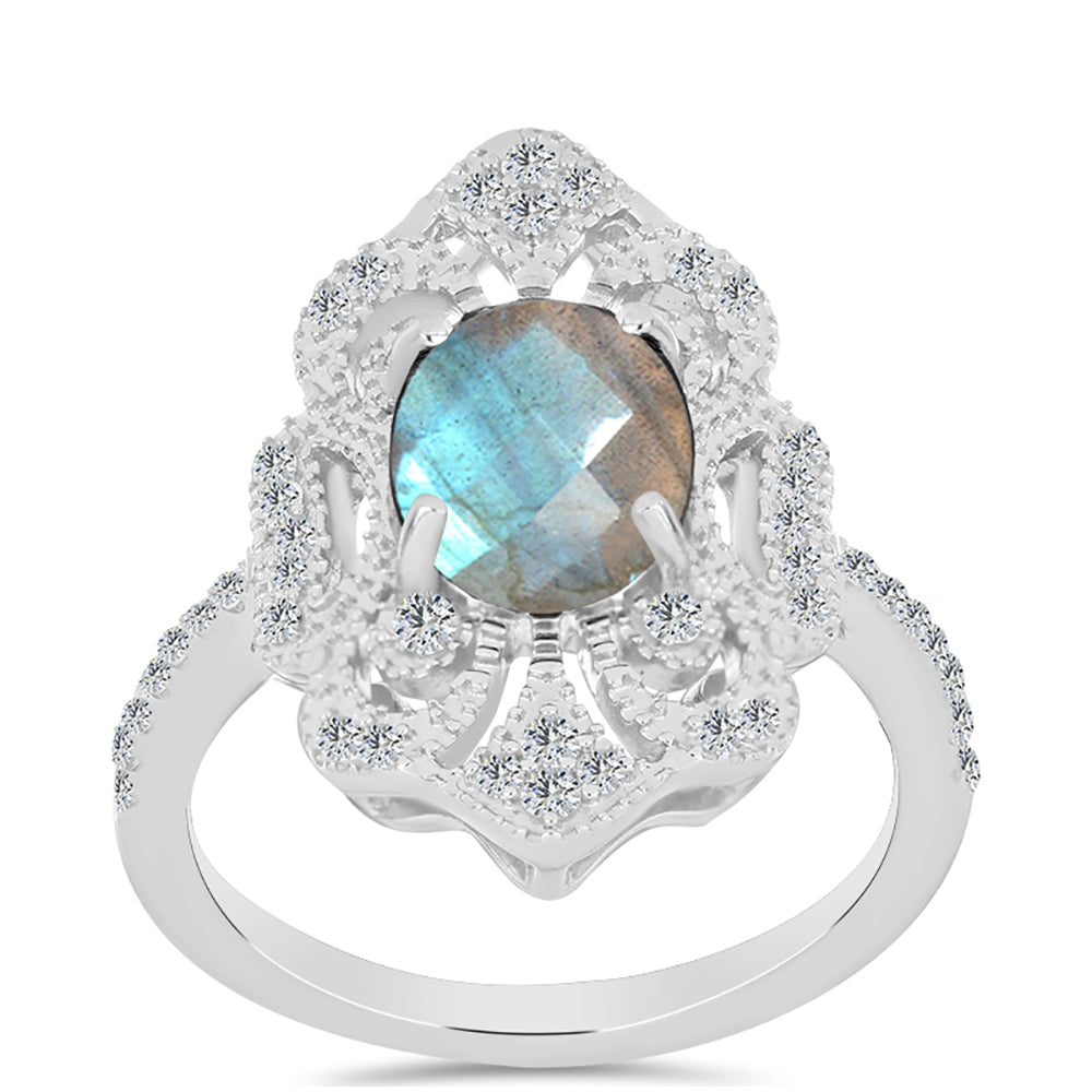 Inel din Argint 925 ( 4.97 grame ) cu Gullgruvene Labradorit și Topaz Alb 2.86 Carate 3 