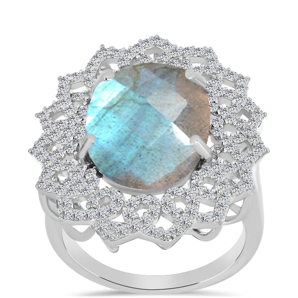 Inel din Argint 925 ( 5.7 grame ) cu Gullgruvene Labradorit și Topaz Alb 8.74 Carate