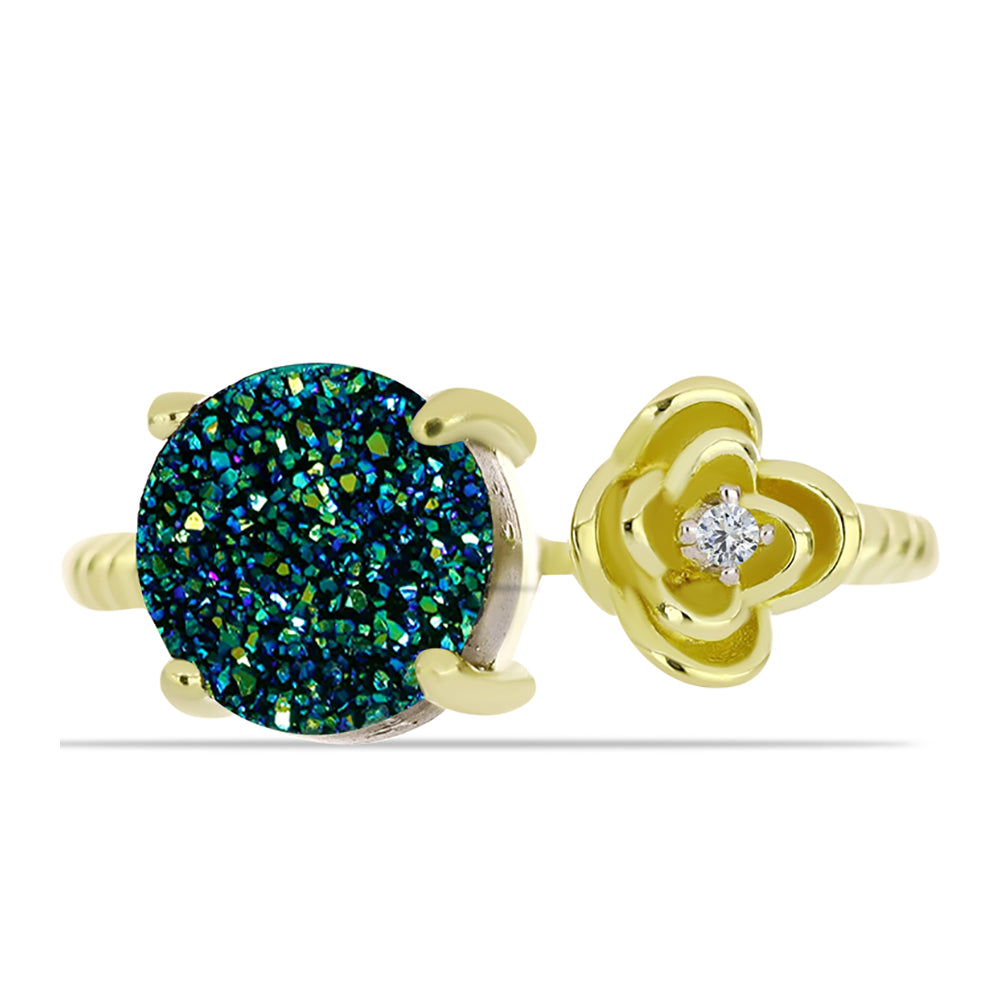 Inel din Argint 925 Placat cu Aur ( 3.17 grame ) cu Drusy Verde și Topaz Alb 2.84 Carate