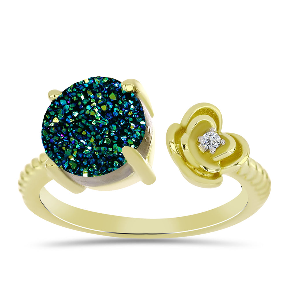 Inel din Argint 925 Placat cu Aur ( 3.17 grame ) cu Drusy Verde și Topaz Alb 2.84 Carate 3 