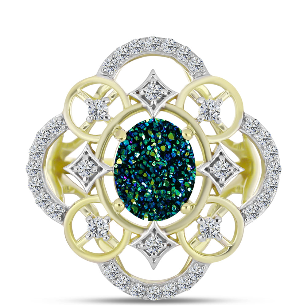 Inel din Argint 925 Placat cu Aur ( 4.6 grame ) cu Drusy Verde și Topaz Alb 3.33 Carate 1 